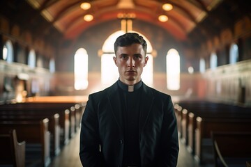 Solemn priest standing in the aisle of a church, with pews and stained glass windows in the background - 734750442