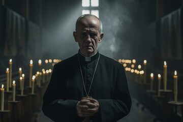 Solemn priest standing in the aisle of a church, with pews and stained glass windows in the background - 734750448