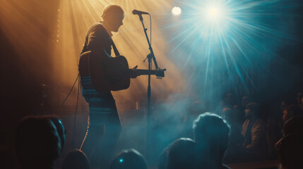 Guitarist strumming an acoustic guitar on stage , famous guitar player concept image - obrazy, fototapety, plakaty