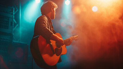 Guitarist strumming an acoustic guitar on stage , famous guitar player concept image