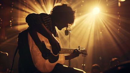 Guitarist strumming an acoustic guitar on stage , famous guitar player concept image - obrazy, fototapety, plakaty