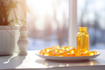 Small glass bottle alongside several gel capsules on a plate, bathed in warm sunlight by a window, suggesting a health or wellness theme - 734750456