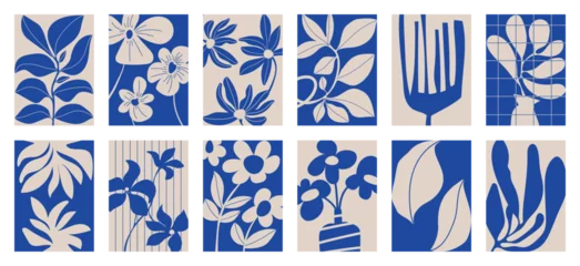 Poster Botanical doodle background vector set. Flower and leaves, blue color. Abstract shape doodle art design for print, wallpaper, clipart, wall art for home decoration. © TWINS DESIGN STUDIO