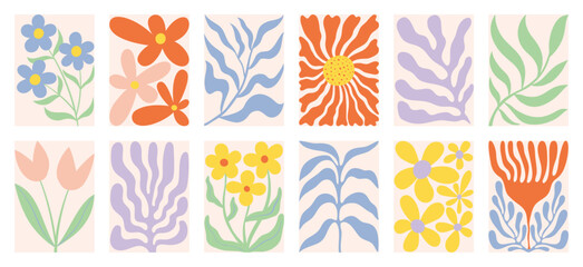 Fototapeta premium Botanical doodle background vector set. Flower and leaves abstract shape doodle art design for print, wallpaper, clipart, wall art for home decoration.