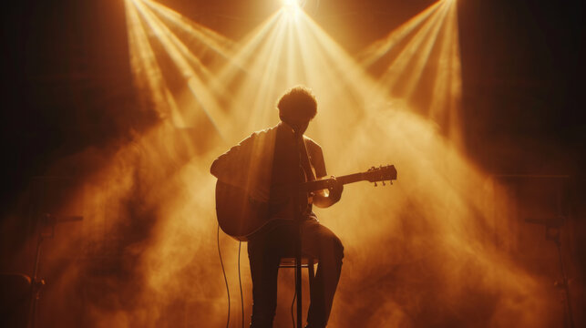 Guitarist strumming an acoustic guitar on stage , famous guitar player concept image