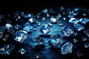 Brilliant blue diamonds scattered on dark surface, sparkling intensely - 734750686