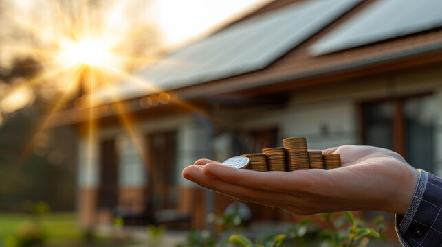 Energy and money savings concept image with hand with coins in front of solar panels