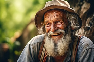 Joyful elderly homeless man, 71 years old, Hispanic, surrounded by the simplicity of nature, finding happiness in the midst of life's challenges
