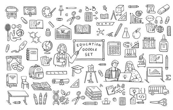Education doodle icon set. Back to school line hand drawn elements - student, teacher, bus, pen, globe, desk and chair, chemistry, diploma, open books, chalk board, microscope, apple