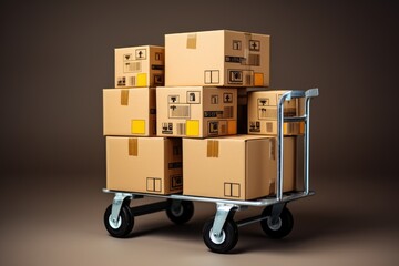 Cardboard box packages on the trolley. Logistics and distance service,concept delivery shopping online screen shop store, AI generated