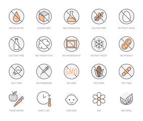 Natural food flat line icons set. Sugar, gluten free, no trans fats, salt, egg, nuts, vegan vector illustrations. Thin signs for packaging, expiration date. Orange Color. Editable Strokes - obrazy, fototapety, plakaty