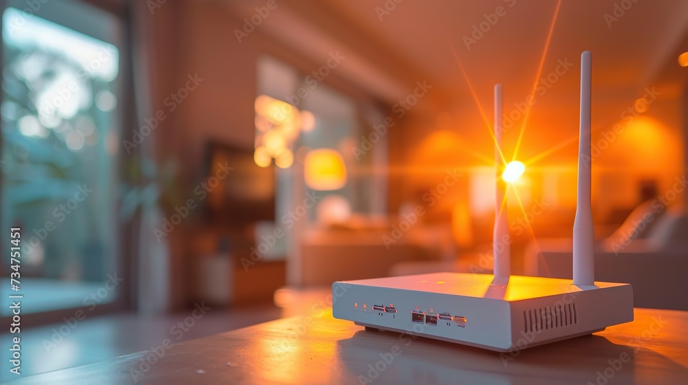 Poster a wifi router emitting signals against the backdrop of a room