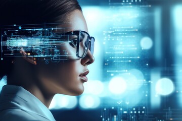 Futuristic woman with digital glasses overlaying cyber data - 734751439