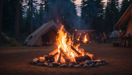 Late evening campfire, Burning wood at night,  Campfire at touristic camp at nature with mountains, Generative Ai
