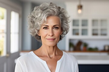 Confident senior woman with curly grey hair and white blouse - 734751494