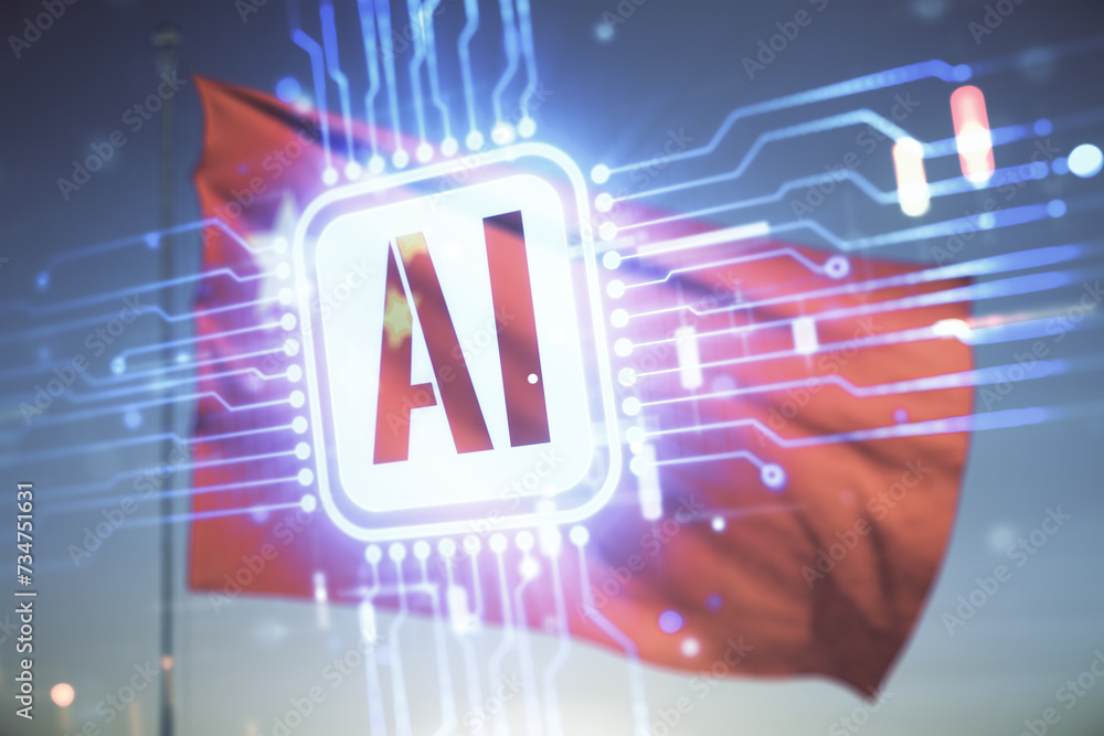 Poster double exposure of creative artificial intelligence icon on flag of china and sunset sky background.