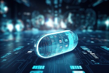 Futuristic capsule with digital interface on a high-tech background - 734751613