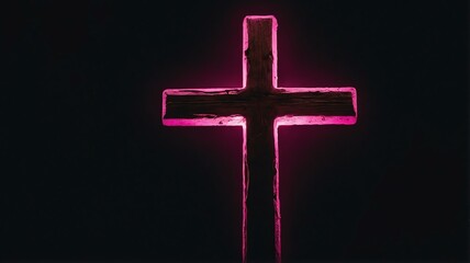 Cross on plain black background with pink light flares from Generative AI
