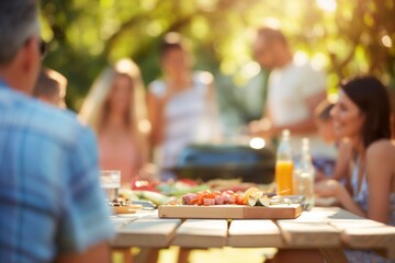 table in sharp focus with a multigeneration family enjoying a bbq blurred behind
