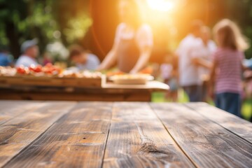 Naklejka na ściany i meble foreground wooden tabletop with blurred family serving food at an outdoor event