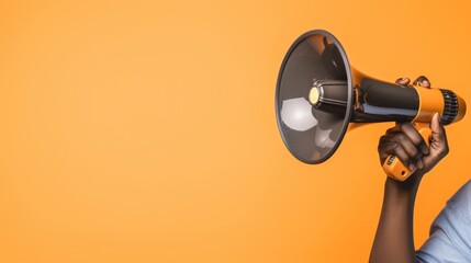 person’s hands holding a black and orange megaphone against a vibrant orange background - obrazy, fototapety, plakaty