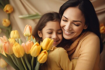 Mother and daughter embracing and smiling, holding a bouquet of yellow tulips
- 734752222