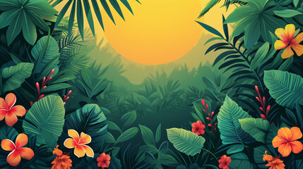 Obraz na płótnie Canvas A picture of a tropical scene with flowers and leaves with copy space for text in the center
