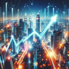  the concept of financial growth with a dynamic image depicting a graph soaring upwards, surrounded by a backdrop of skyscrapers and city lights, generative ai