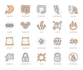 Symptoms of abdominal disease flat line icons set. Stomach pain, appendicitis, heartburn, spasm, guts, vomiting, diarrhea vector illustrations. Thin signs for digestion. Orange Color. Editable Stroke
