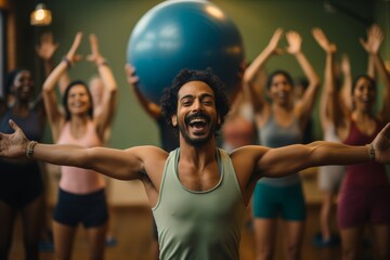 
Photograph a 35-year-old Indian man engaging in Pilates with a stability ball, surrounded by...