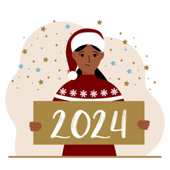 A woman in a Christmas red hat with snowflakes holds a Happy New Year 2024 card.
