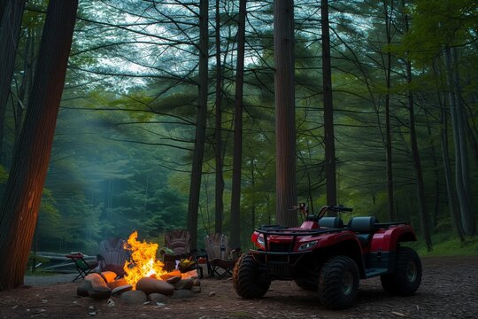 atv parked beside a forest campsite with a campfire