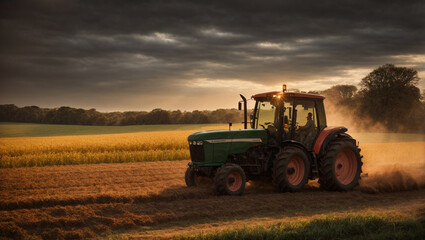 Fototapeta premium Modern tractor plowing at the sunset background. Generative Ai
