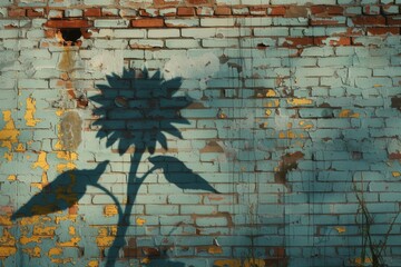 A photorealistic shadow of a sunflower falls across a weathered brick wall, its detailed form contrasting with the rough texture