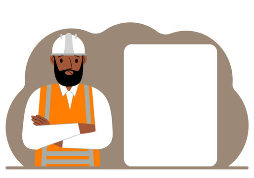 A Male Builder In A Hardhat And An Orange Vest Stands Near A Large White Sheet.