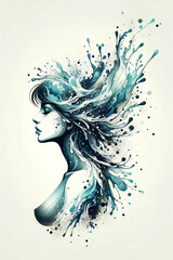 Artistic illustration of a woman's profile with hair transforming into splashing water, merging the human form with fluid elements in a dynamic, abstract style.Portrait concept. AI generated.