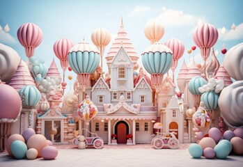 Pink and Blue Castle Surrounded by Balloons