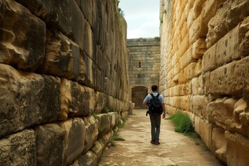 tourist at historical castle walls facing a blocked ancient passage