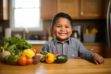 Сhubby boy, 6 years old, of Native American descent, smiling brightly while holding a homemade healthy snack in a kitchen filled with fruits and vegetables.