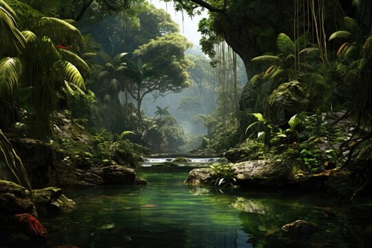 Scenic Asian rainforest scene during daytime., Asian tropical rainforest, Asian tropical jungle rainforest in daytime. Neural network, Ai generated
