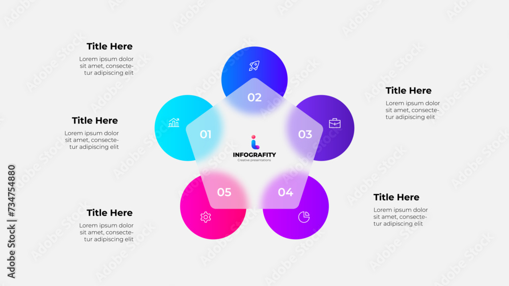 Poster Cycle scheme with five circles and glassmorphism pentagon. Concept of business process with 5 steps. Infographic design template