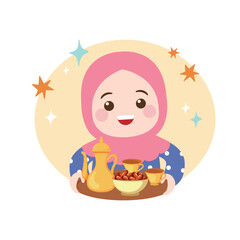 Cute hijab woman holding teapot and dates