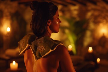 woman with herbal compresses on her shoulders, in a dim, candlelit room - obrazy, fototapety, plakaty