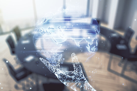 Multi exposure of abstract graphic world map hologram on a modern furnished office interior background, connection and communication concept