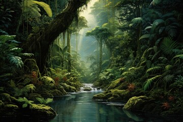 Tropical rainforest, Asian tropical jungle rainforest in daytime. Neural network, Ai generated - obrazy, fototapety, plakaty