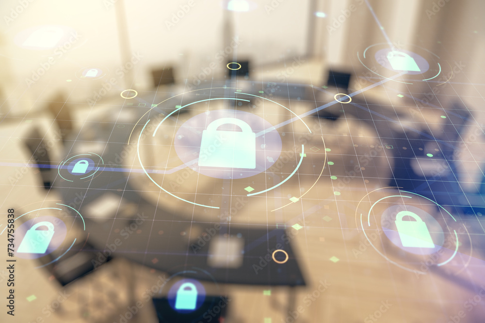 Poster double exposure of virtual creative lock hologram with chip on a modern meeting room background. inf