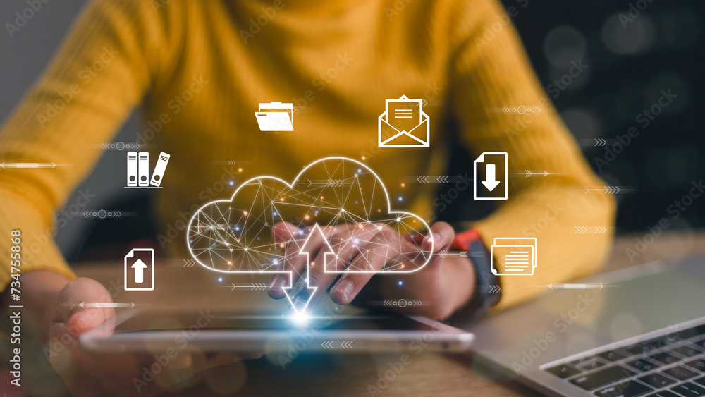 Aufkleber cloud technology. data storage. networking and internet service concept. businesswoman management do