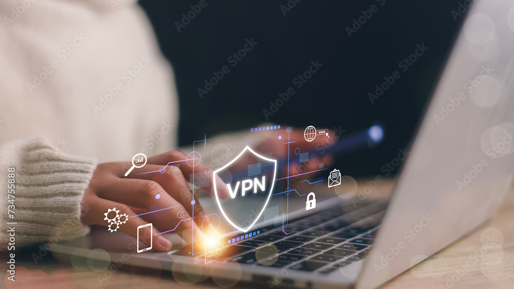 Aufkleber vpn virtual private network protocol concept, women use a laptop with a futuristic virtual interface