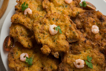 Tortitas de Camarones. Traditional tapa of flour and egg dough with shrimp or prawns, very famous in the Cadiz area in Spain.