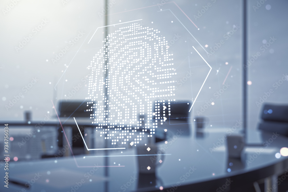 Poster multi exposure of virtual abstract fingerprint illustration on a modern conference room background, 